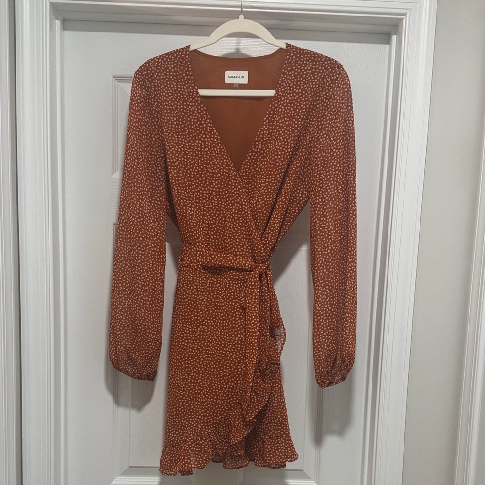 Sugarlips Rust Polka Dot Long Sleeve Wrap Dress Sz M